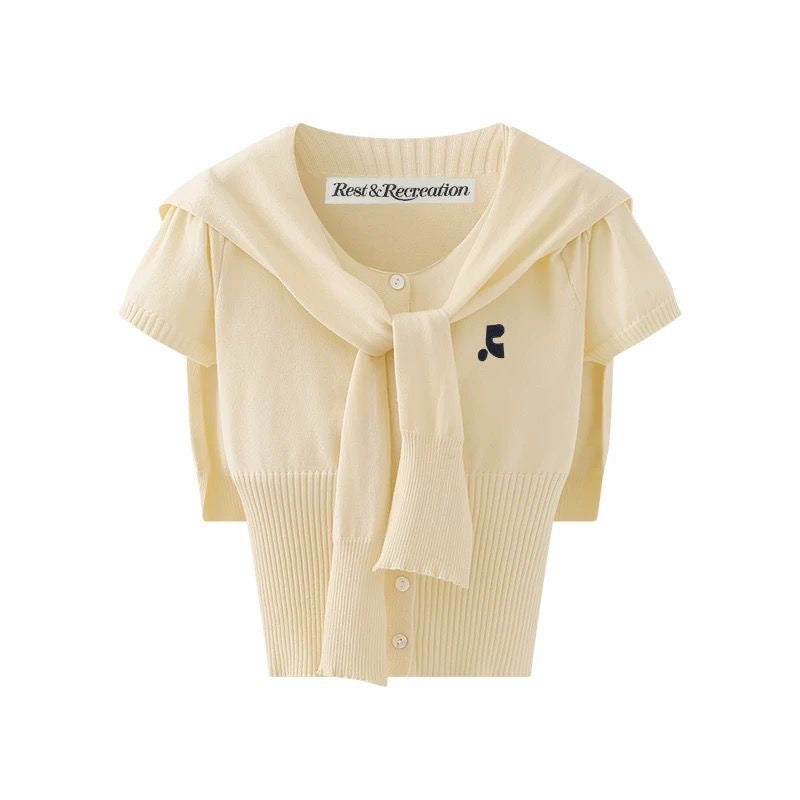 Rest & Recreation R Logo Scarf-Neck Short-Sleeve Cropped Knit Cardigan