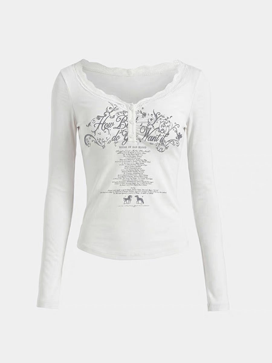 Badblood Lace Trim Henley Printed Long Sleeve T-shirt