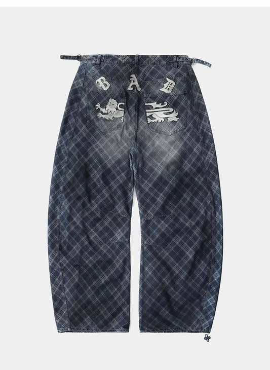 BADBLOOD LION PATCH WASHED BARREL PANTS BLUE DENIM CHECK