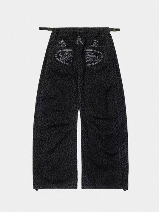 BADBLOOD LION PATCH WASHED BARREL PANTS BLACK LEOPARD