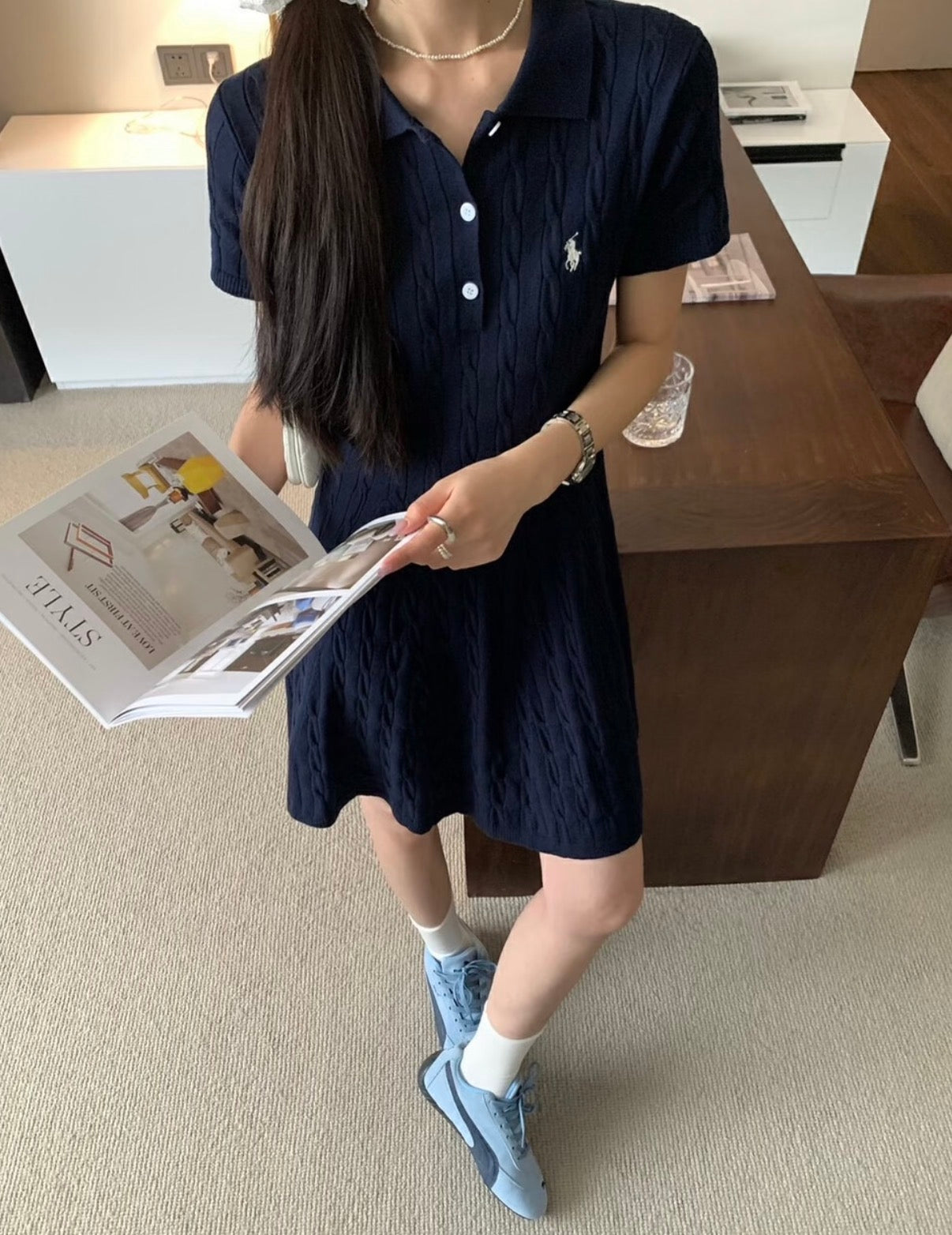 Polo Mini-Cable Pleated Fit-and-Flare Polo Dress