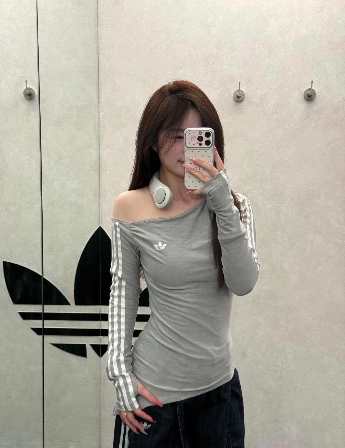 adidas Originals Off-Shoulder Fitted 3-Stripes Long Sleeve Top