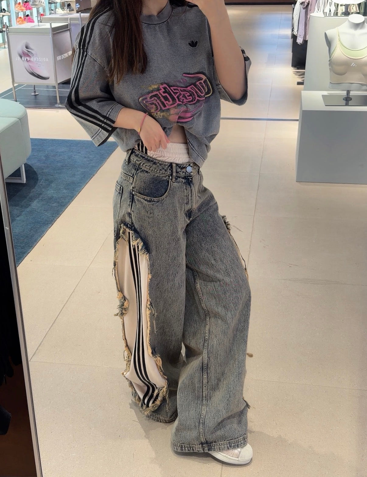adidas Originals x KSENIASCHNAIDER 3-Stripes Raw Edge Wide Leg Jeans