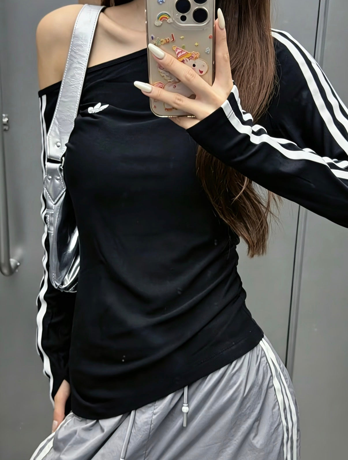adidas Originals Off-Shoulder Fitted 3-Stripes Long Sleeve Top