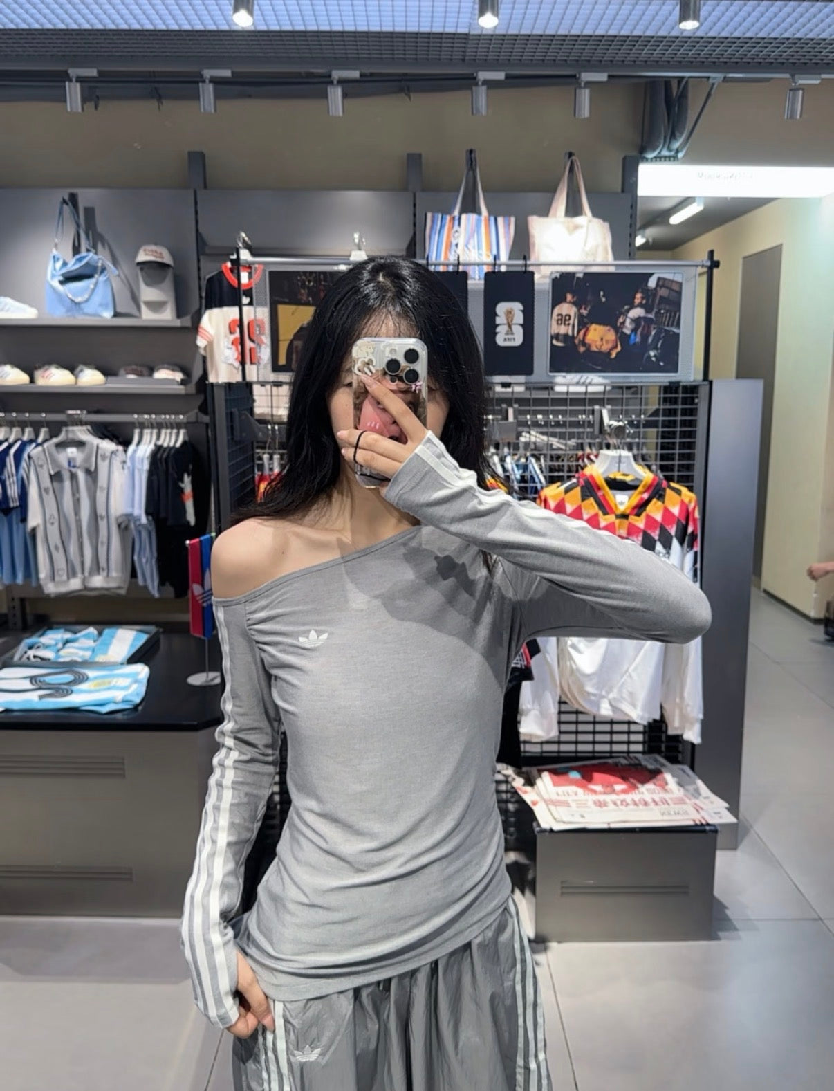 adidas Originals Off-Shoulder Fitted 3-Stripes Long Sleeve Top