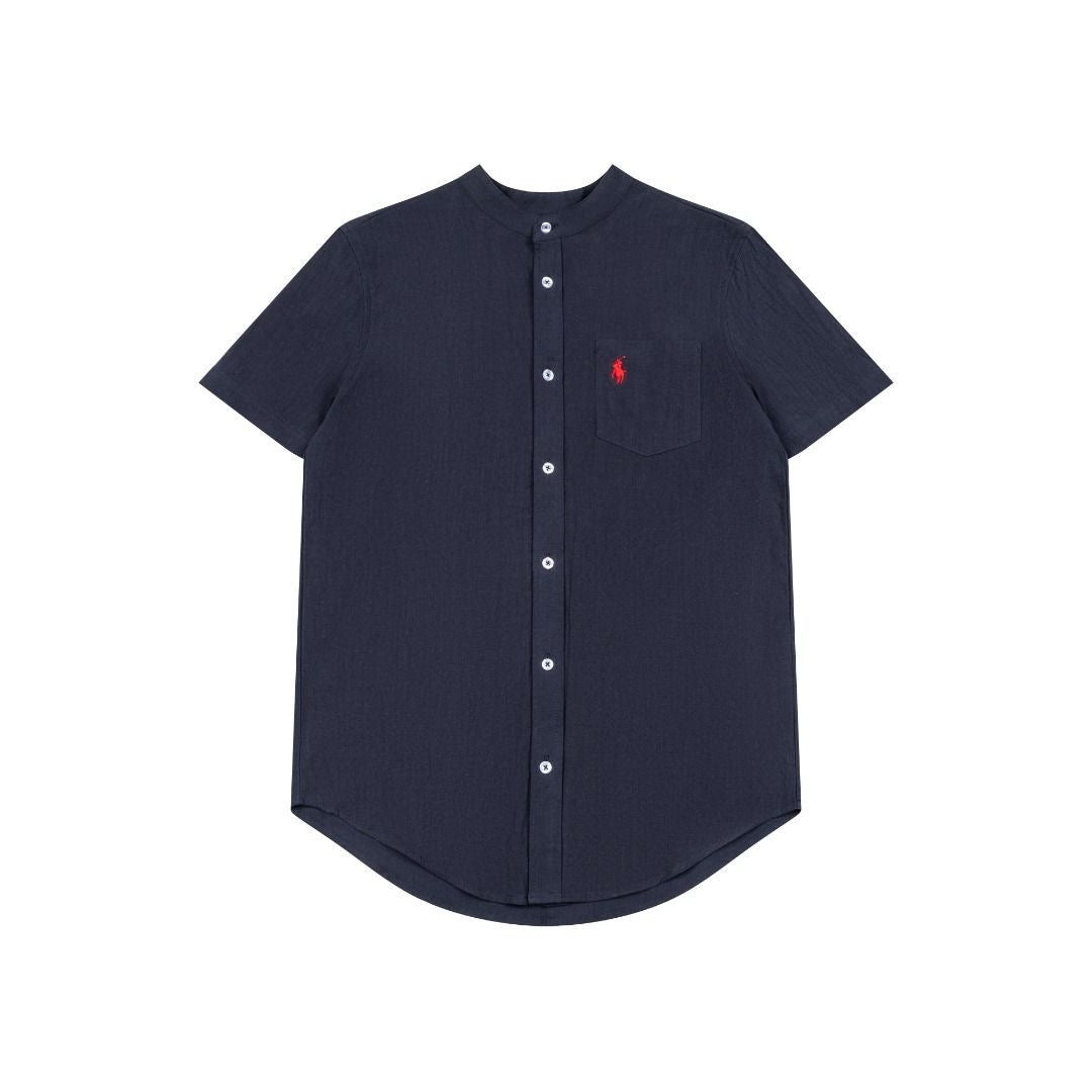 Polo 棉麻 Relaxed-Fit Band-Collar Linen Short-Sleeve Shirt
