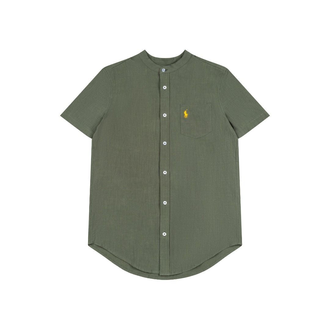 Polo 棉麻 Relaxed-Fit Band-Collar Linen Short-Sleeve Shirt