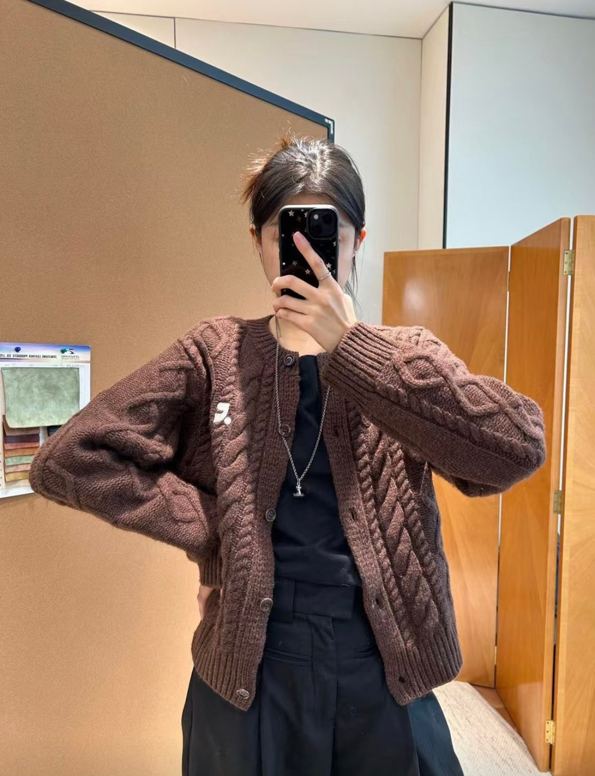 RR Cable-Knit Wool-Cashmere Cardigan- Brown