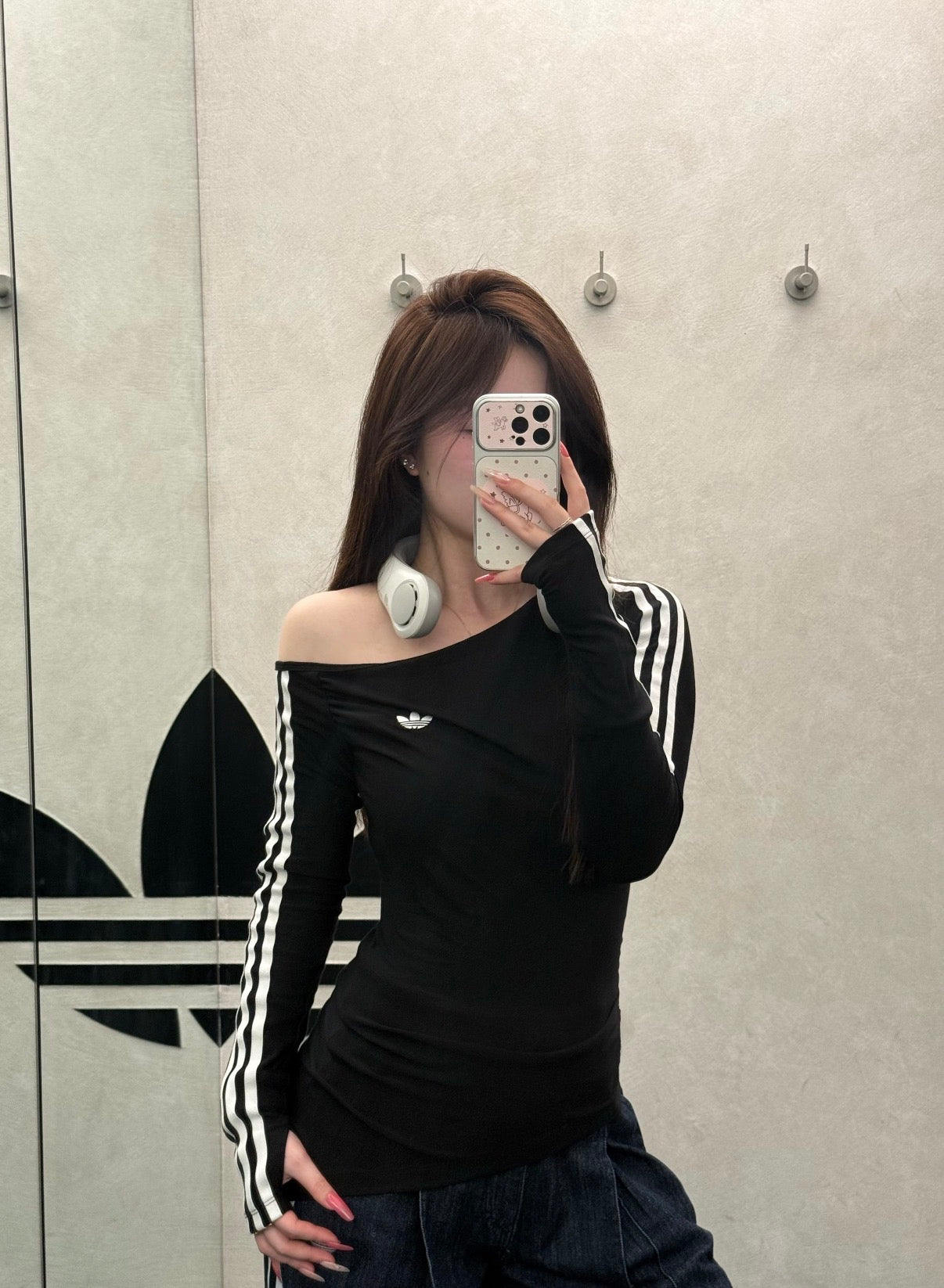adidas Originals Off-Shoulder Fitted 3-Stripes Long Sleeve Top