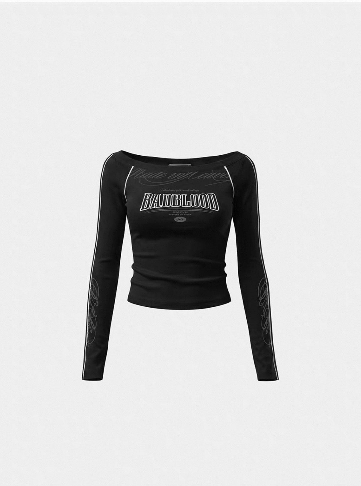 Bad blood Script Line Off Shoulder Long Sleeve Top