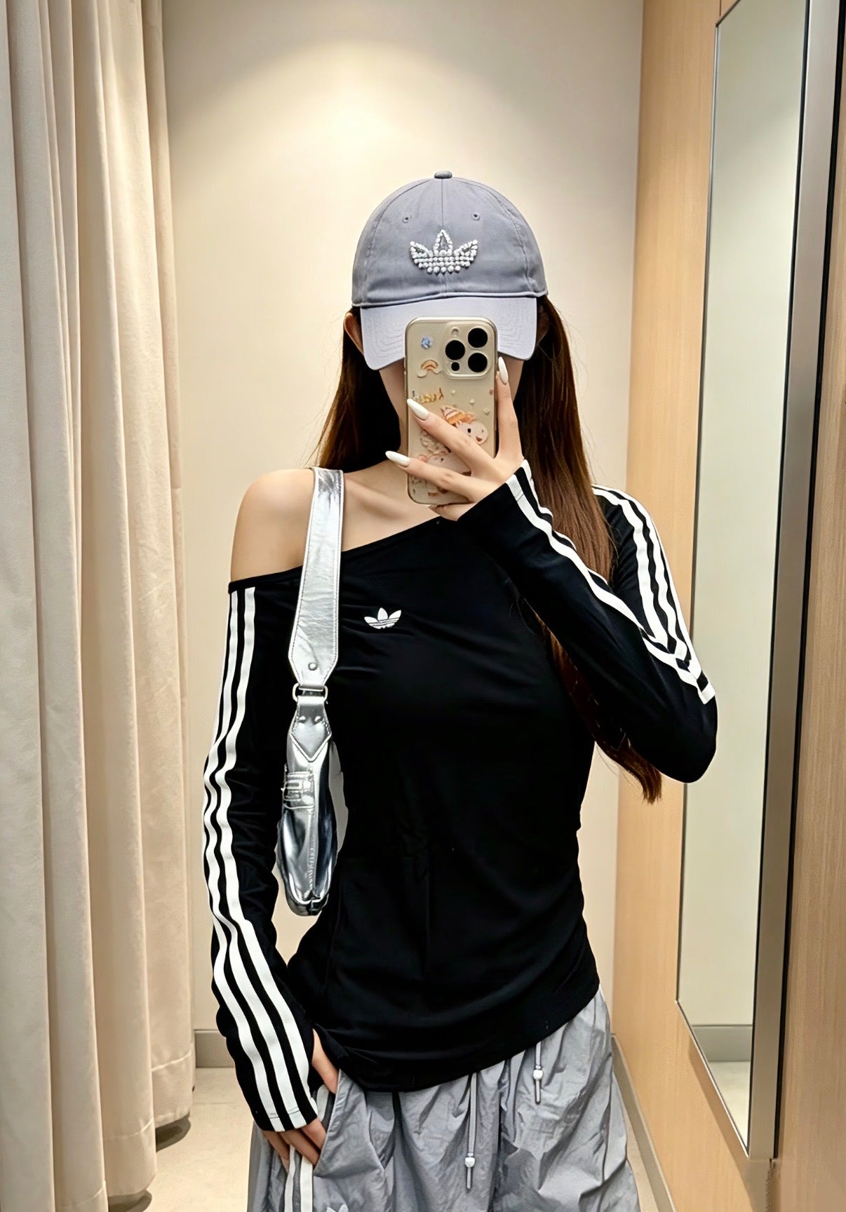 adidas Originals Off-Shoulder Fitted 3-Stripes Long Sleeve Top