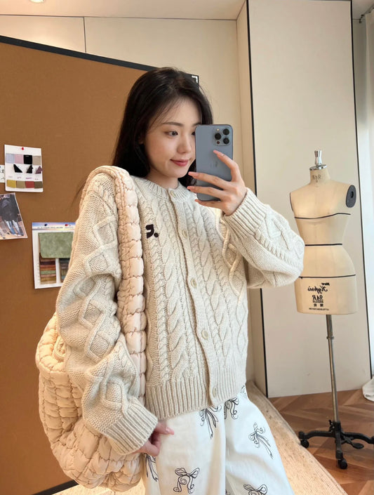 RR Cable-Knit Wool-Cashmere Cardigan- White