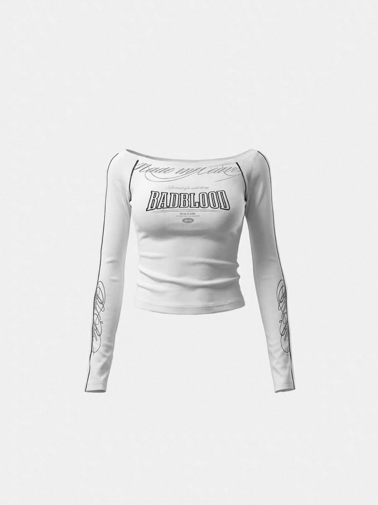 Bad blood Script Line Off Shoulder Long Sleeve Top