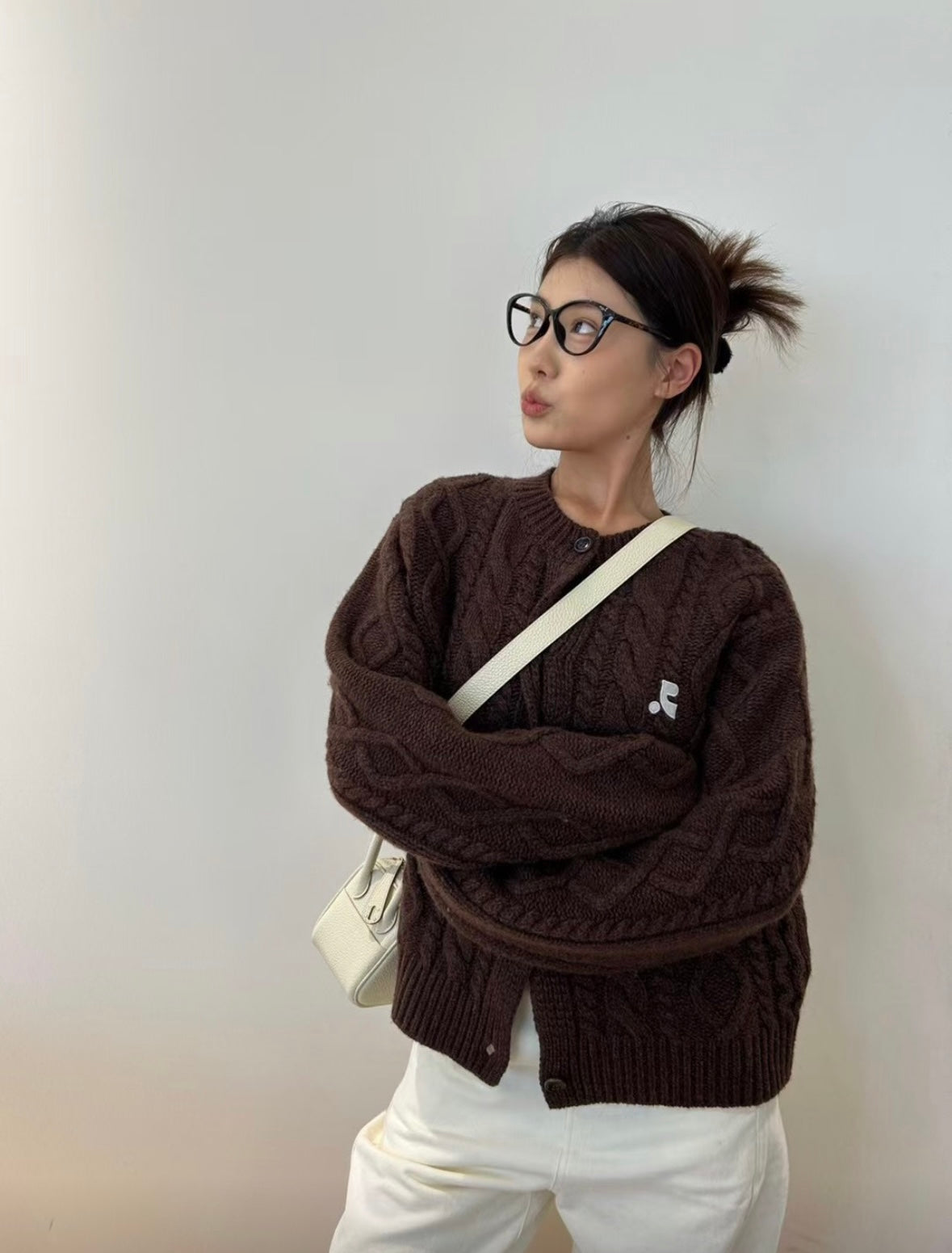 RR Cable-Knit Wool-Cashmere Cardigan- Brown