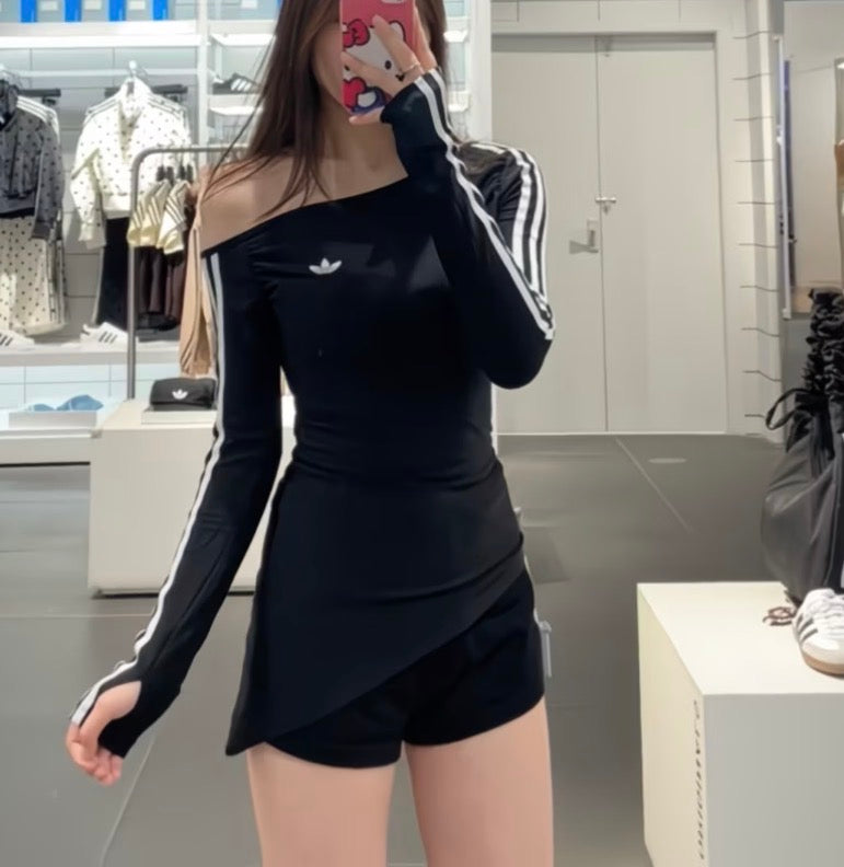 adidas Originals Off-Shoulder Fitted 3-Stripes Long Sleeve Top