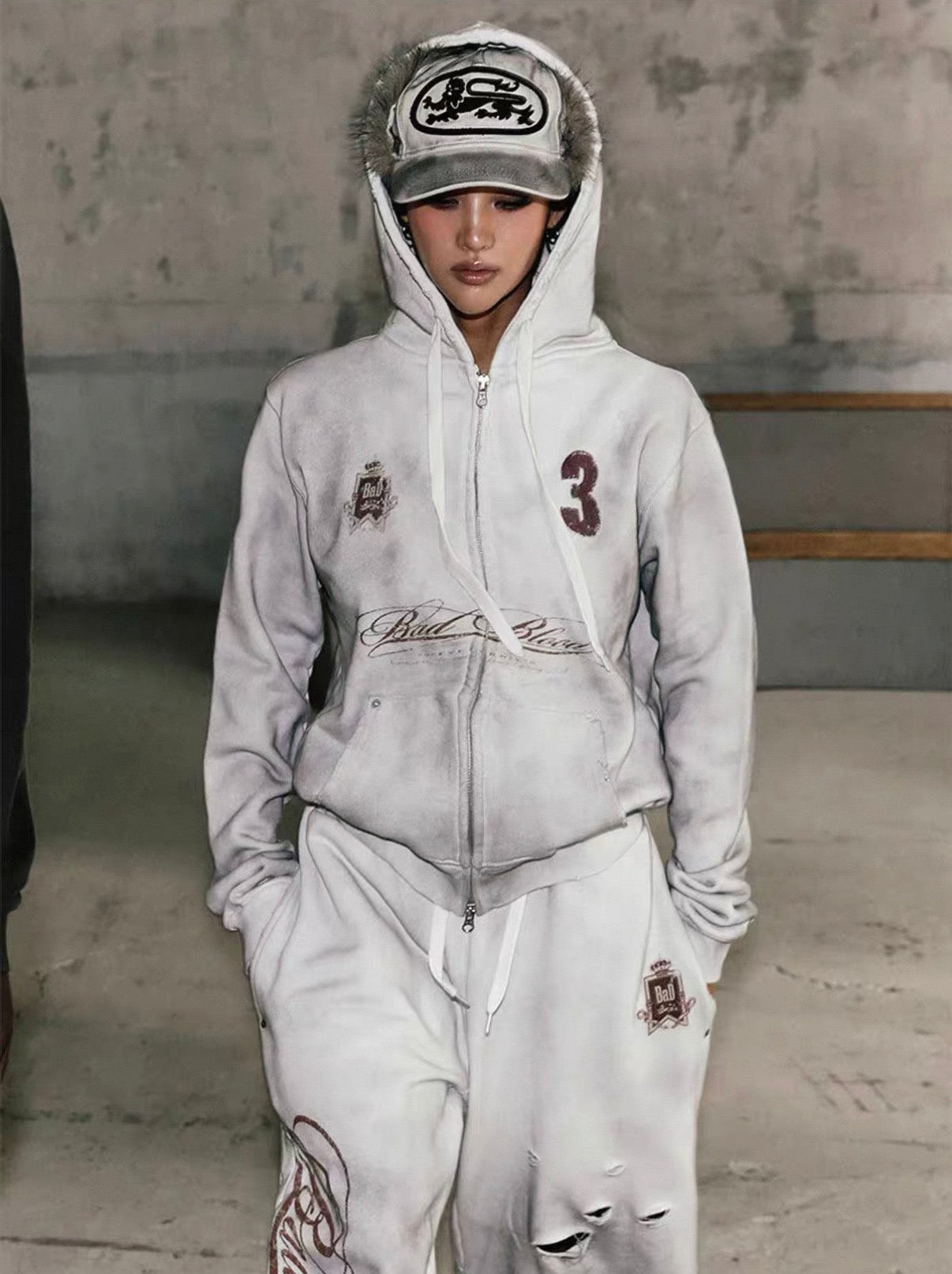 Badblood BCAC Series Vintage Washed Distressed Cropped Zip-Up Hoodie