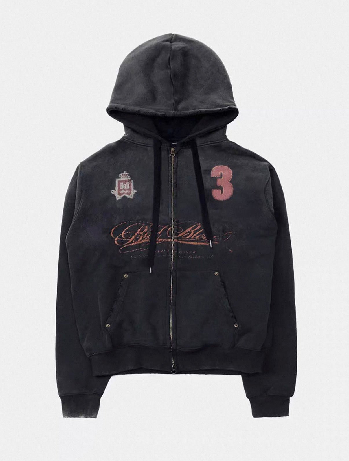 Badblood BCAC Series Vintage Washed Distressed Cropped Zip-Up Hoodie