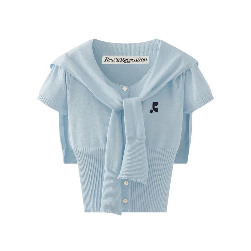 Rest & Recreation R Logo Scarf-Neck Short-Sleeve Cropped Knit Cardigan