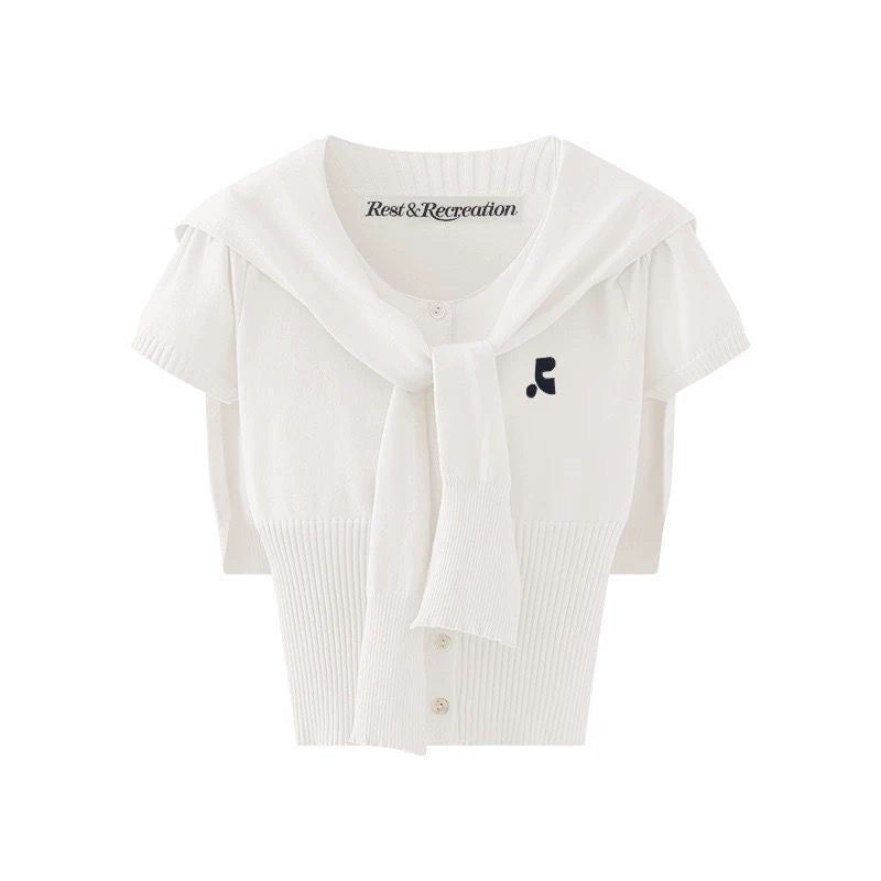 Rest & Recreation R Logo Scarf-Neck Short-Sleeve Cropped Knit Cardigan