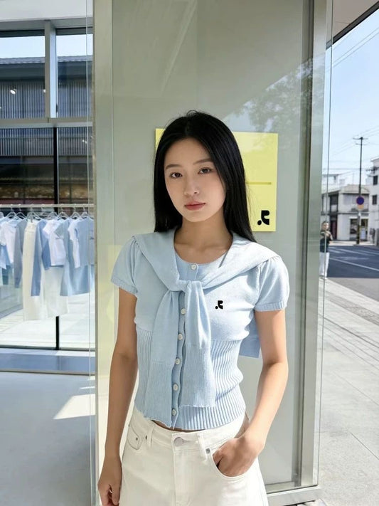 Rest & Recreation R Logo Scarf-Neck Short-Sleeve Cropped Knit Cardigan