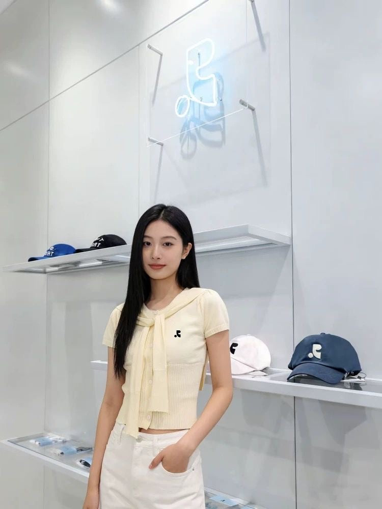 Rest & Recreation R Logo Scarf-Neck Short-Sleeve Cropped Knit Cardigan