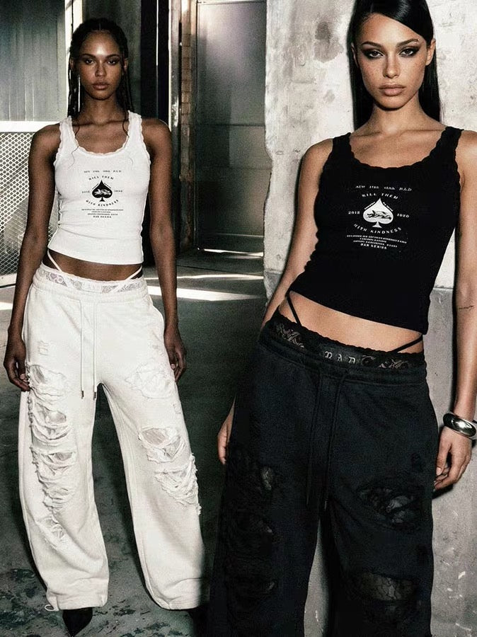 Badblood Lace Waistband Distressed Sweatpants