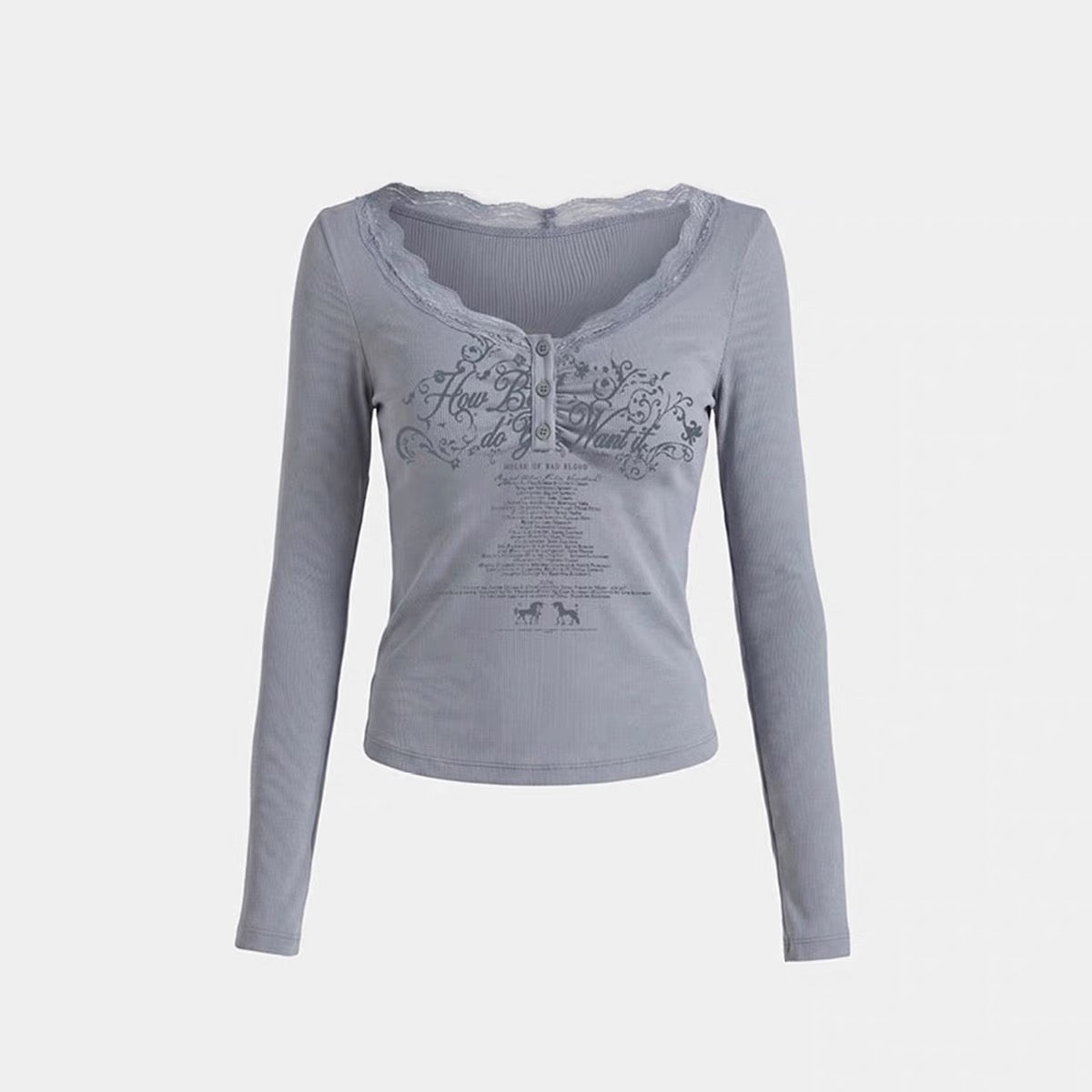 Badblood Lace Trim Henley Printed Long Sleeve T-shirt