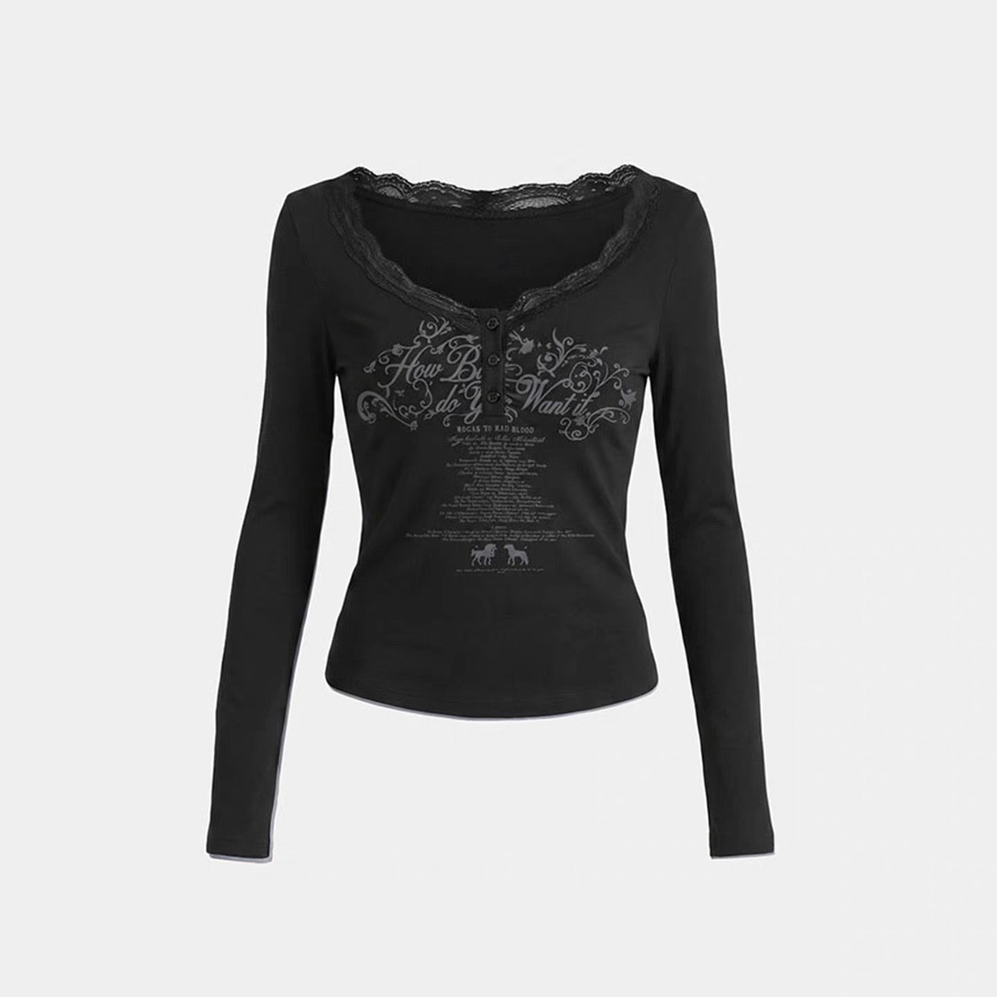 Badblood Lace Trim Henley Printed Long Sleeve T-shirt
