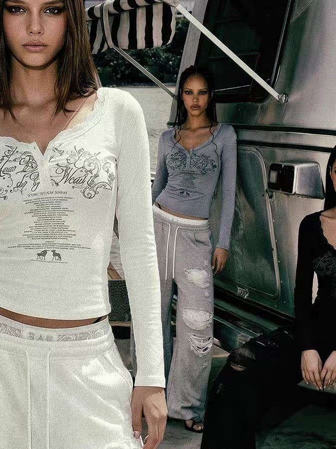Badblood Lace Trim Henley Printed Long Sleeve T-shirt