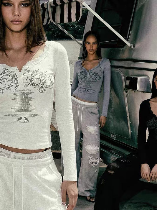 Badblood Lace Trim Henley Printed Long Sleeve T-shirt