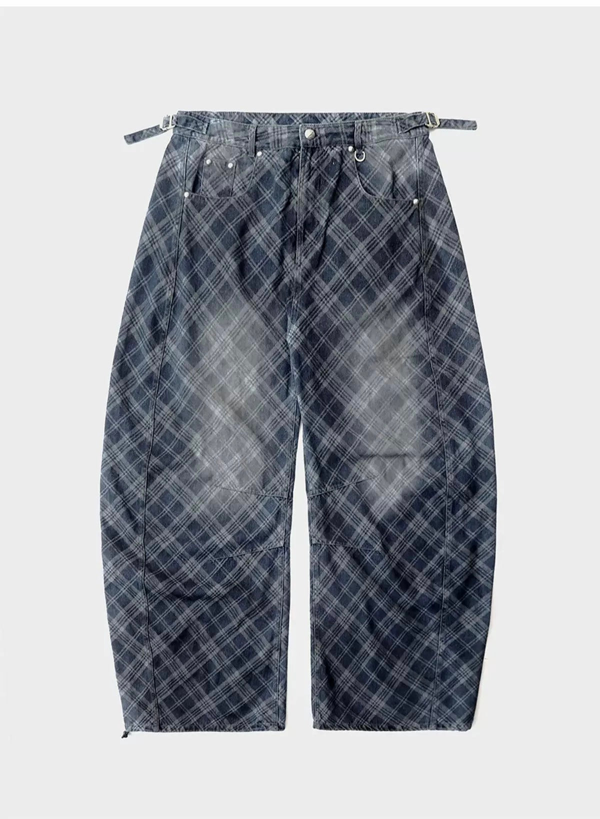 BADBLOOD LION PATCH WASHED BARREL PANTS BLUE DENIM CHECK