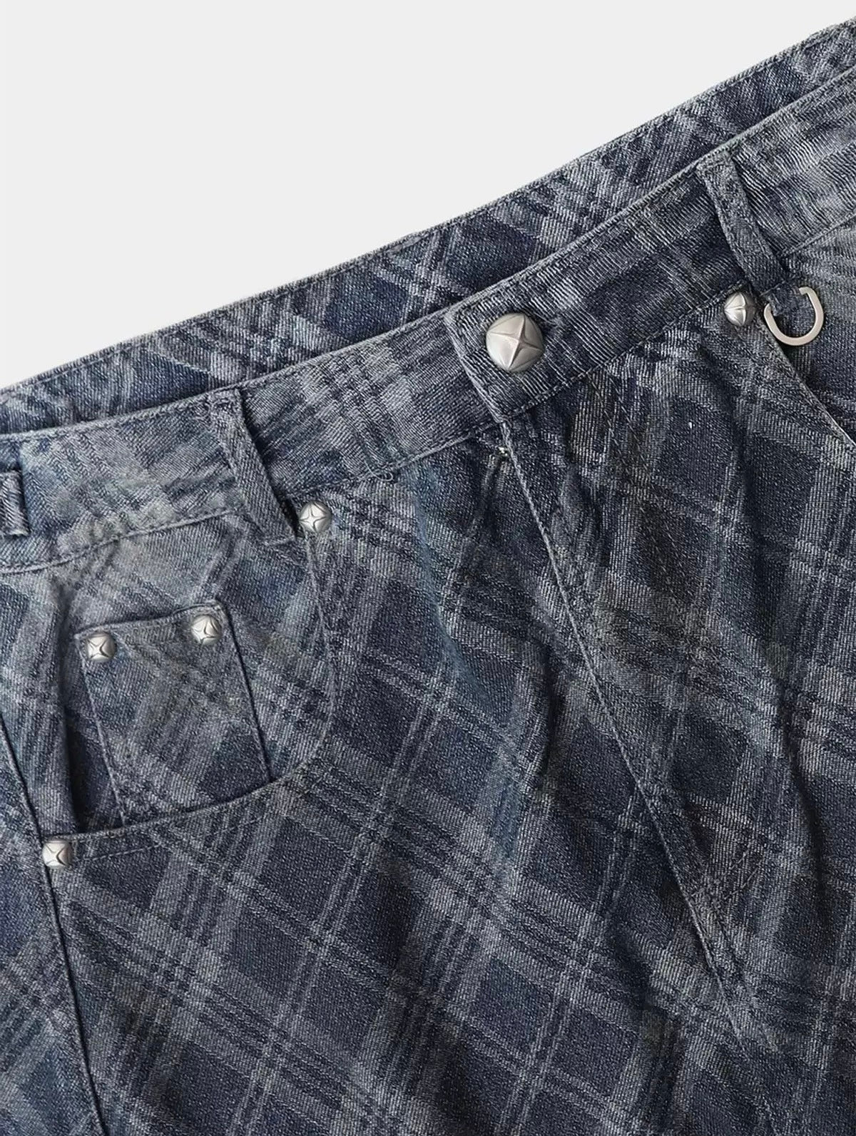 BADBLOOD LION PATCH WASHED BARREL PANTS BLUE DENIM CHECK